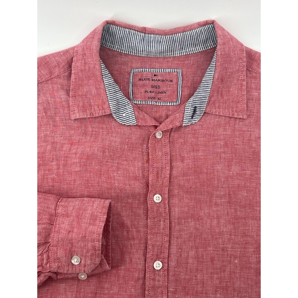 Blue‎ Harbour Pure Linen Mens XL Button Down Shirt Red Long Sleeve Preppy Beach